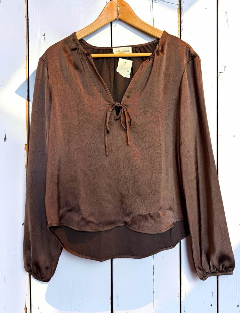 Cloth & Stone Women's Brown Satin V-Neck Tie Front Long Sleeve Texture Size S